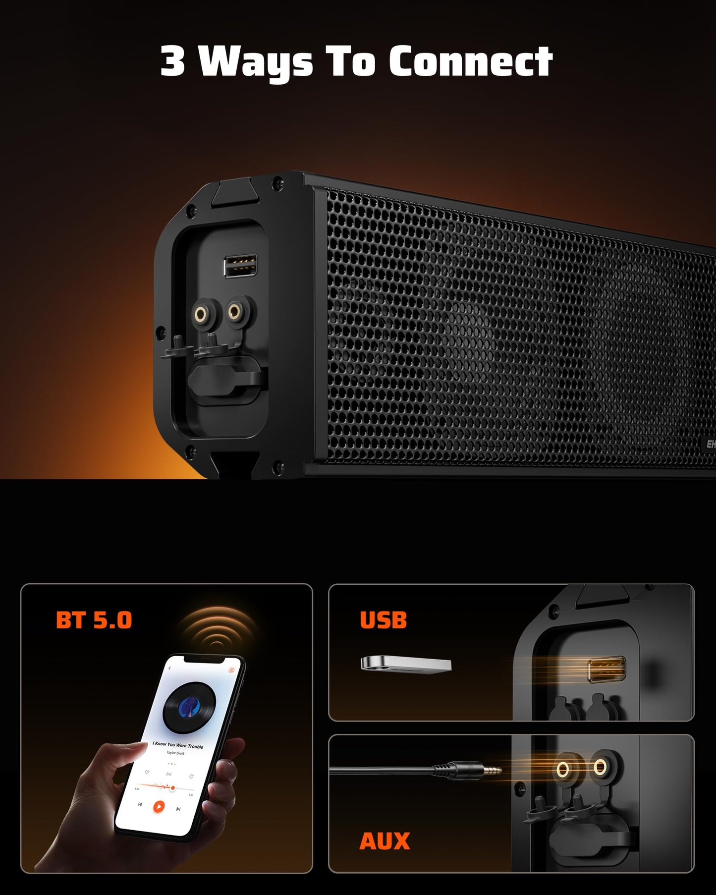 Ehaho 25 Inch UTV Sound Bar, IP66 Waterproof Bluetooth Golf Cart Sound Bar, ATV SoundBar with RGB Lighting, Amplified Powersports SXS SoundBar, UTV Speakers Compatible with Polaris RZR Can-Am