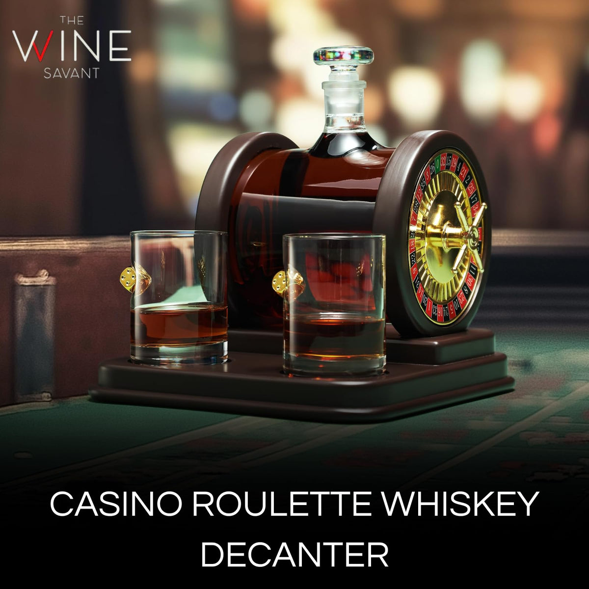 Casino Roulette Whiskey Decanter for Men, Husband, Him | 67.6 OZ Decanter With 2 x 10oz Dice Whiskey Glasses | Gold & Wood Gambling Slot Gift for Bourbon, Scotch, Liquor, Gifts For Dad, Guy, Winter