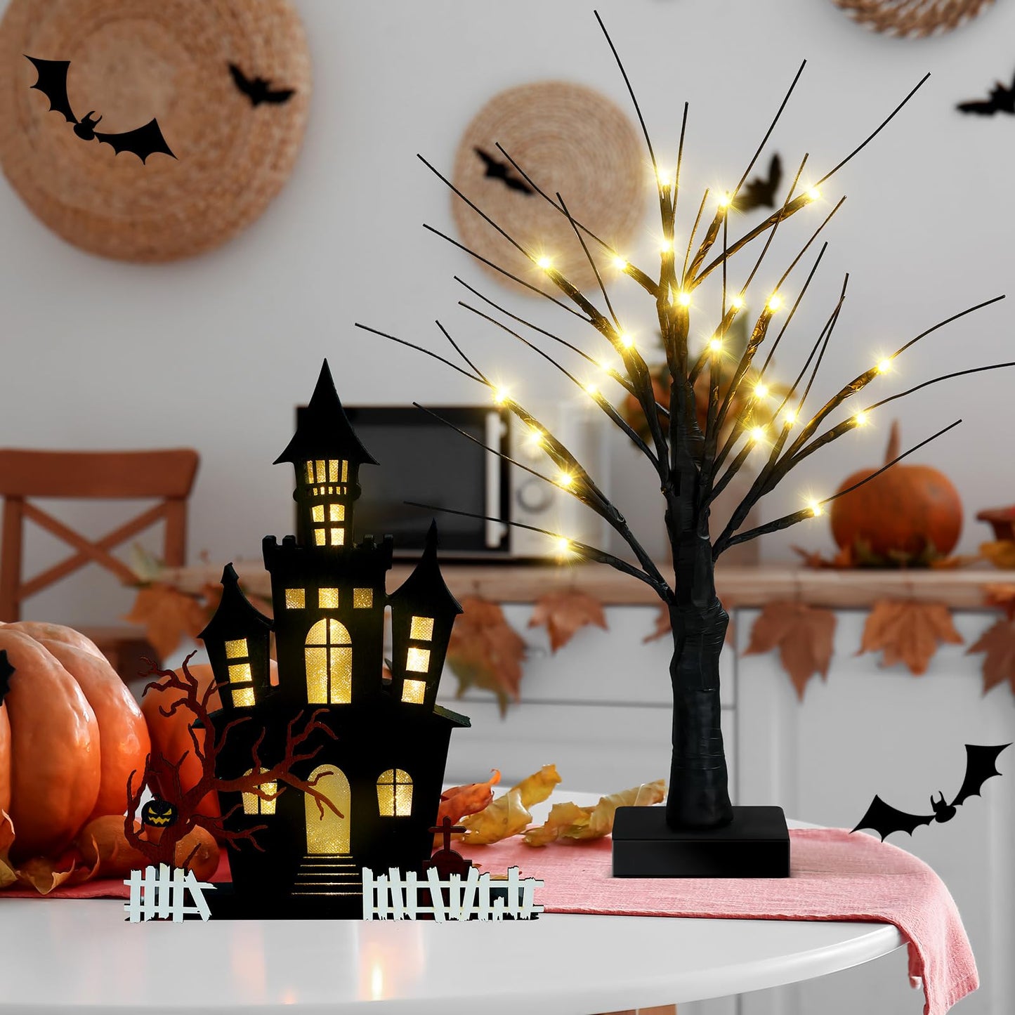 Cinnvoice 4 Pcs Halloween Table Decorations Indoor - 2 Lighted Wooden Haunted House Decor, 2 LED Birches Tree Decor - Battery Operated for Home Kitchen Ornaments