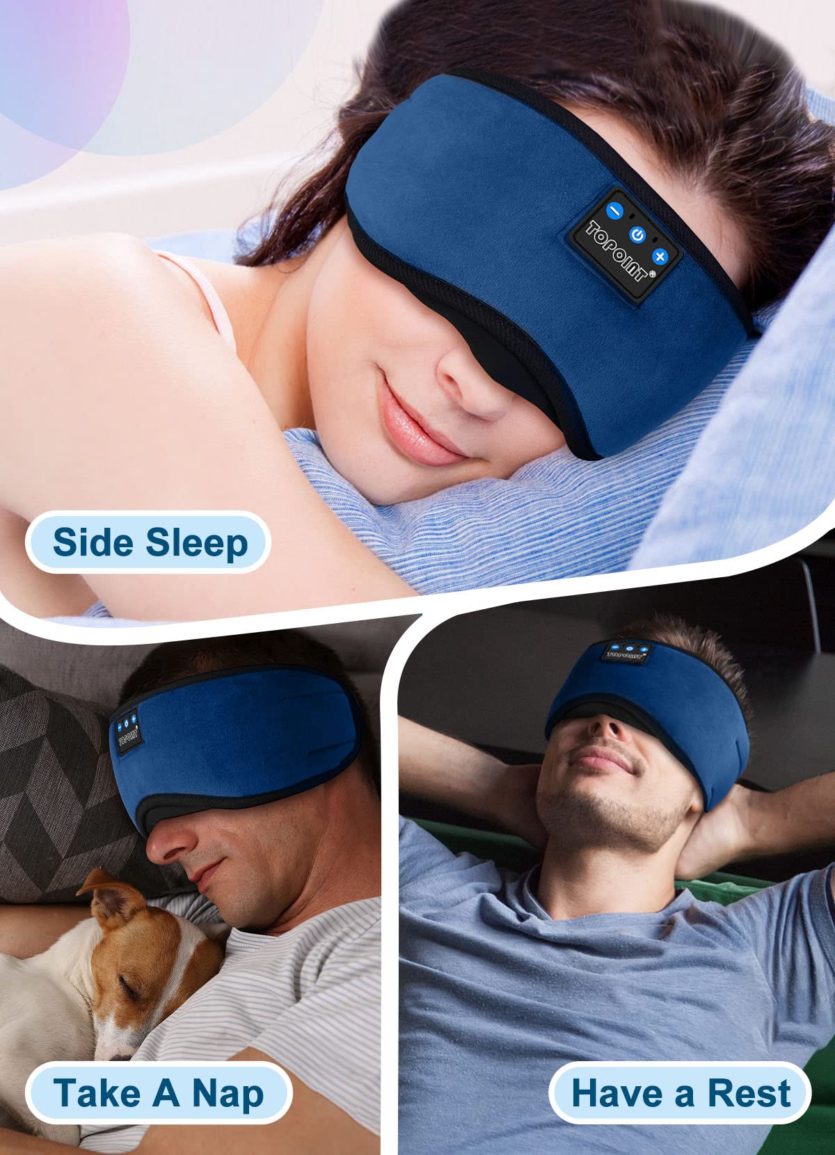 TOPOINT Sleep Headphones, Sleeping Headphones Bluetooth Sleep Mask with Bluetooth Headphones, Aid Sleep Light Blackout Sleeping Eye Mask Headphones for Sleeping Side Sleepers Men Women Girls