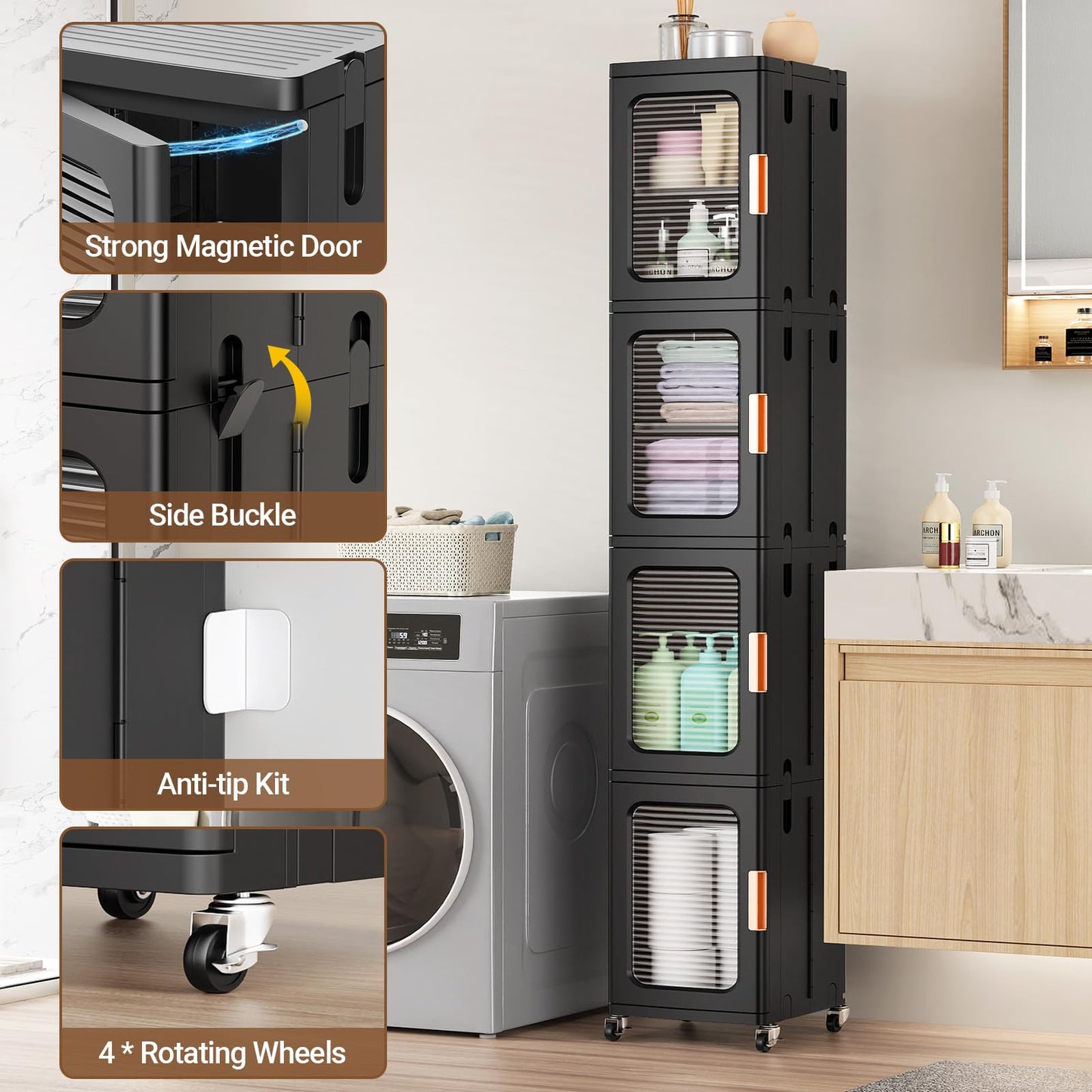 BROVIEW 4-Tier Tall Narrow Storage Cabinet Organizer, Slim Bathroom Cabinets with Doors and Shelves Adjustable, Plastic Kitchen Pantry Organizers and Storages for Small Space, Laundry, Black