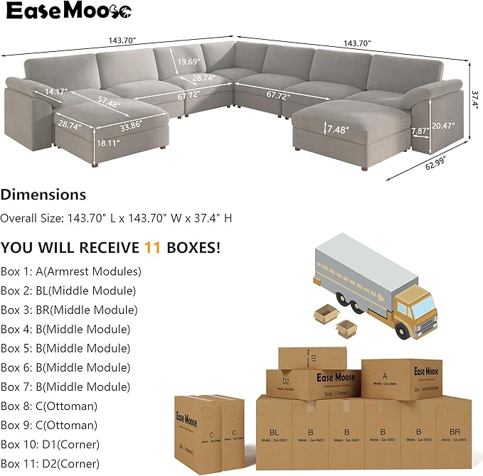 EASE MOOSE Oversized L Shaped Sectional Modular Sofa,Large U Shaped Sectional Couch Wide Deep Seat Modular Cloud Couch,Removable Cover