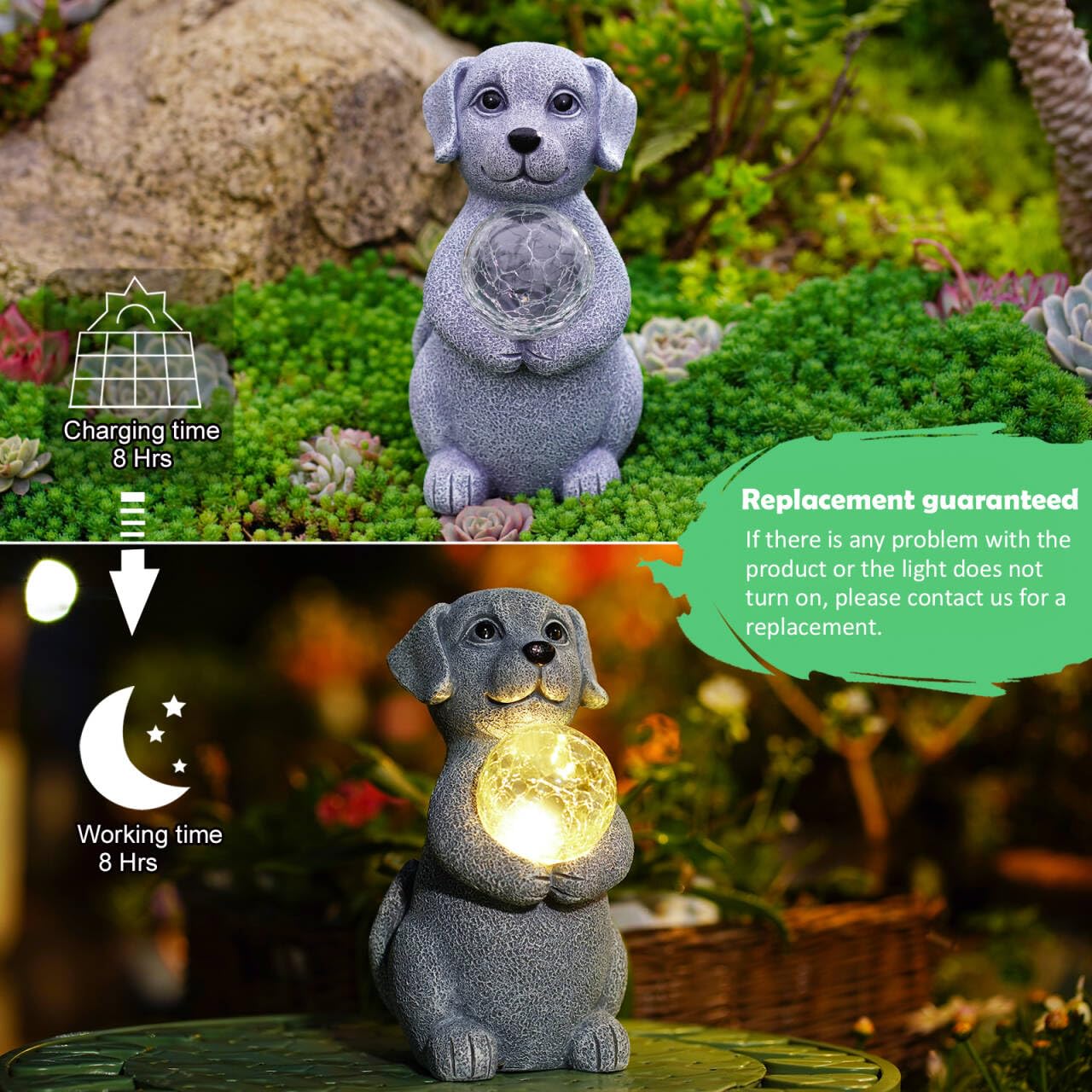 Tiejiajiang Solar Dog Garden Statues - 8.4 "Dog Decor with Gazing Ball Solar LED Lights, Unique Gifts for Mom Grandma Birthdays, Outdoor Decor for Outside Lawn Porch Patio (Gray)