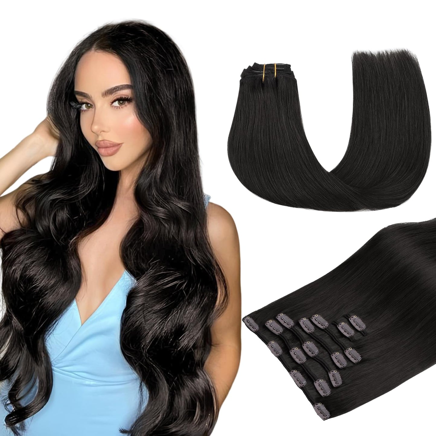 MAXITA Clip in Hair Extensions Real Human Hair, 20 Inch Natural Black 7pcs 120g, Remy Human Hair Extensions Clip in Real Hair Ex