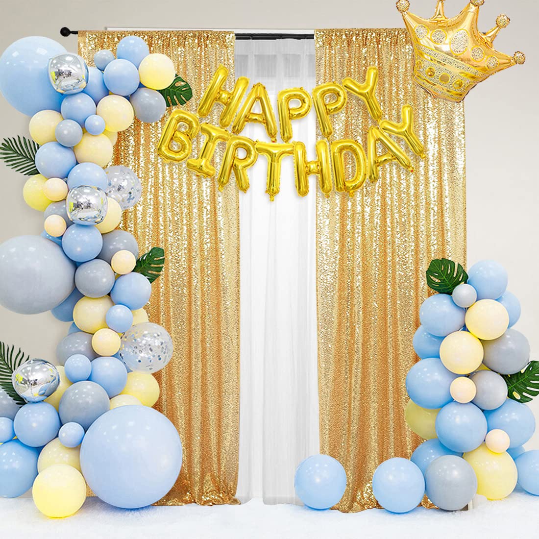 PartyDelight Gold 2FT X 8FT Sparkly Sequin Backdrop Curtains 2 Panels for Wedding Party Room Decorations Events