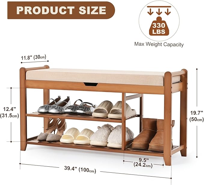 Homman 39.4in Shoe Rack Bench, Shoe Storage Bench with Lift Top Hidden Storage, Entryway Bench Holds Up to 330lb for Bedroom Living Room