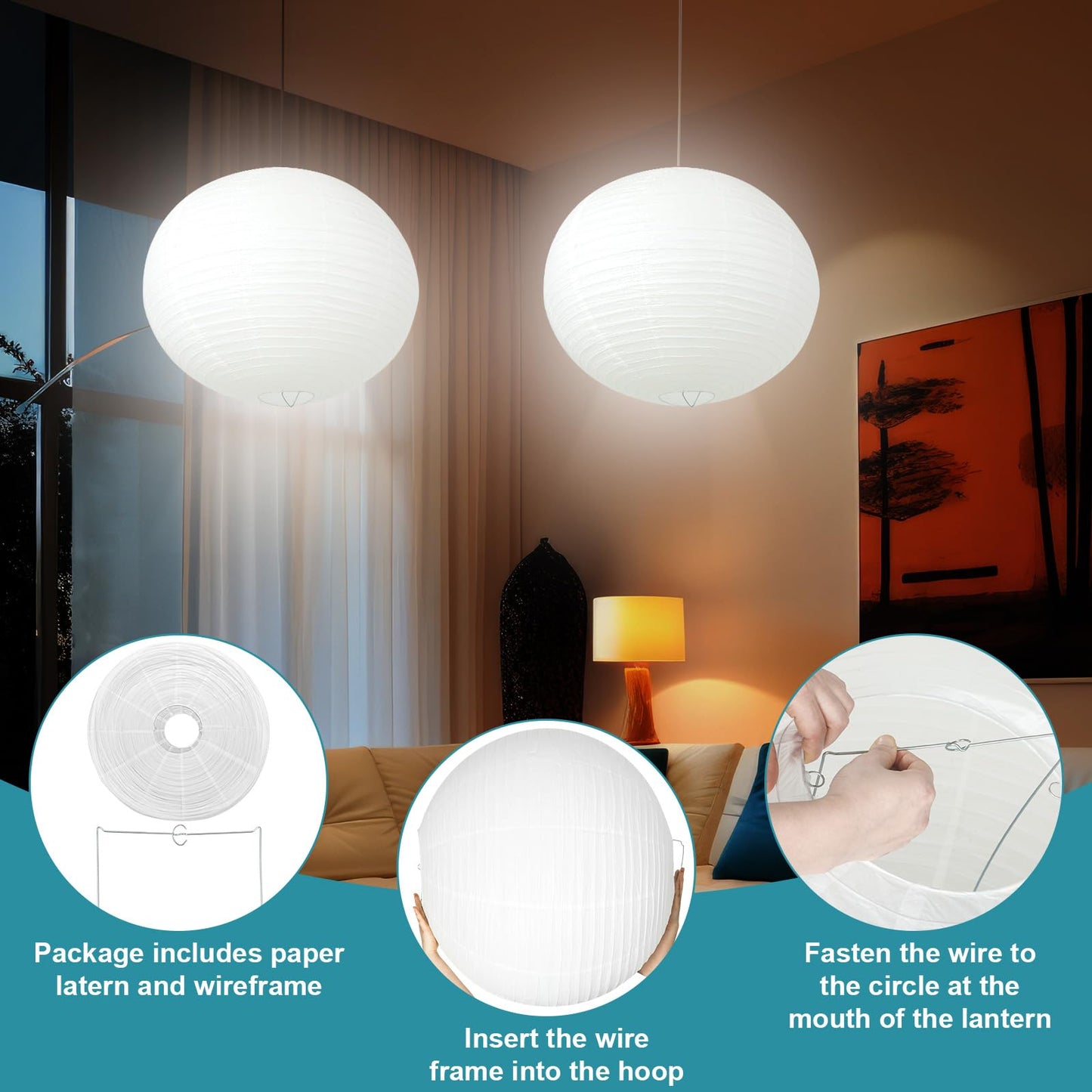 Rossesay 2 Sets Jumbo Paper Lanterns with Lamp Cord Cable White Hanging Paper Lanterns Chinese Japanese Pendant Hanging Lamp for Birthday Wedding Bridal Anniversary Party Decoration (Round, 18 Inch)
