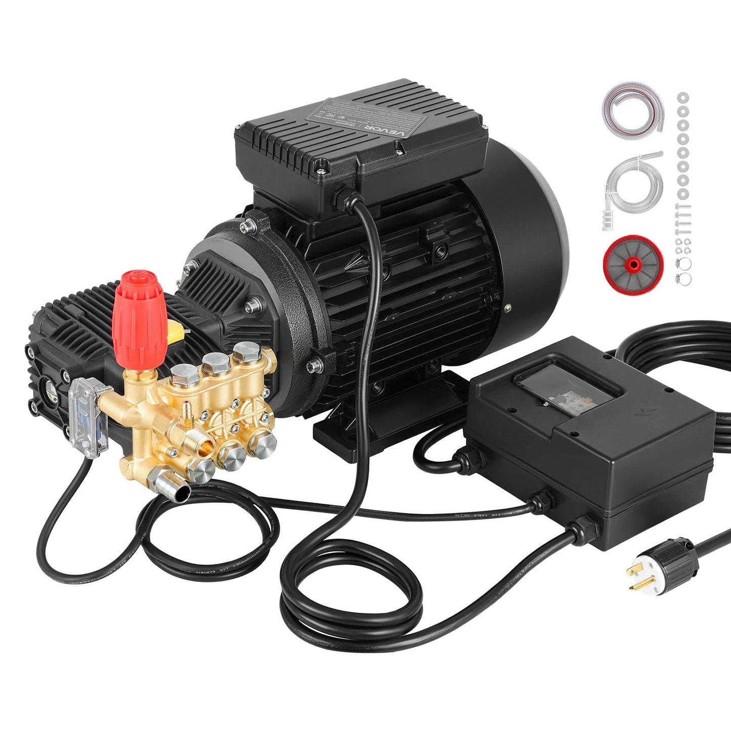 VEVOR Electric Pressure Washer Pump Kit, 1950 PSI, 3.2 GPM, Triplex Power Washer Pump with 5 HP Motor 240 V, Adjustable Water Pressure, for Washing Cars, Gardens, Exterior Walls, Machinery Equipment