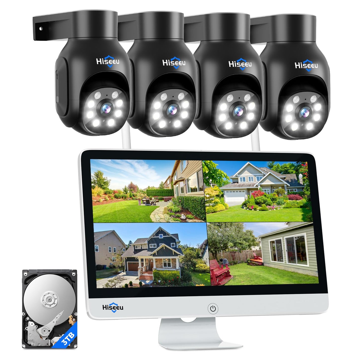 Hiseeu Wireless Security Camera System,All-in-One with 15" LCD Monitor 16CH NVR 4PCS 5MP PTZ Outdoor Camera,3TB HDD Storage, 2-Way Audio, Color Night Vision, Motion Alert,2.4G & 5G WiFi