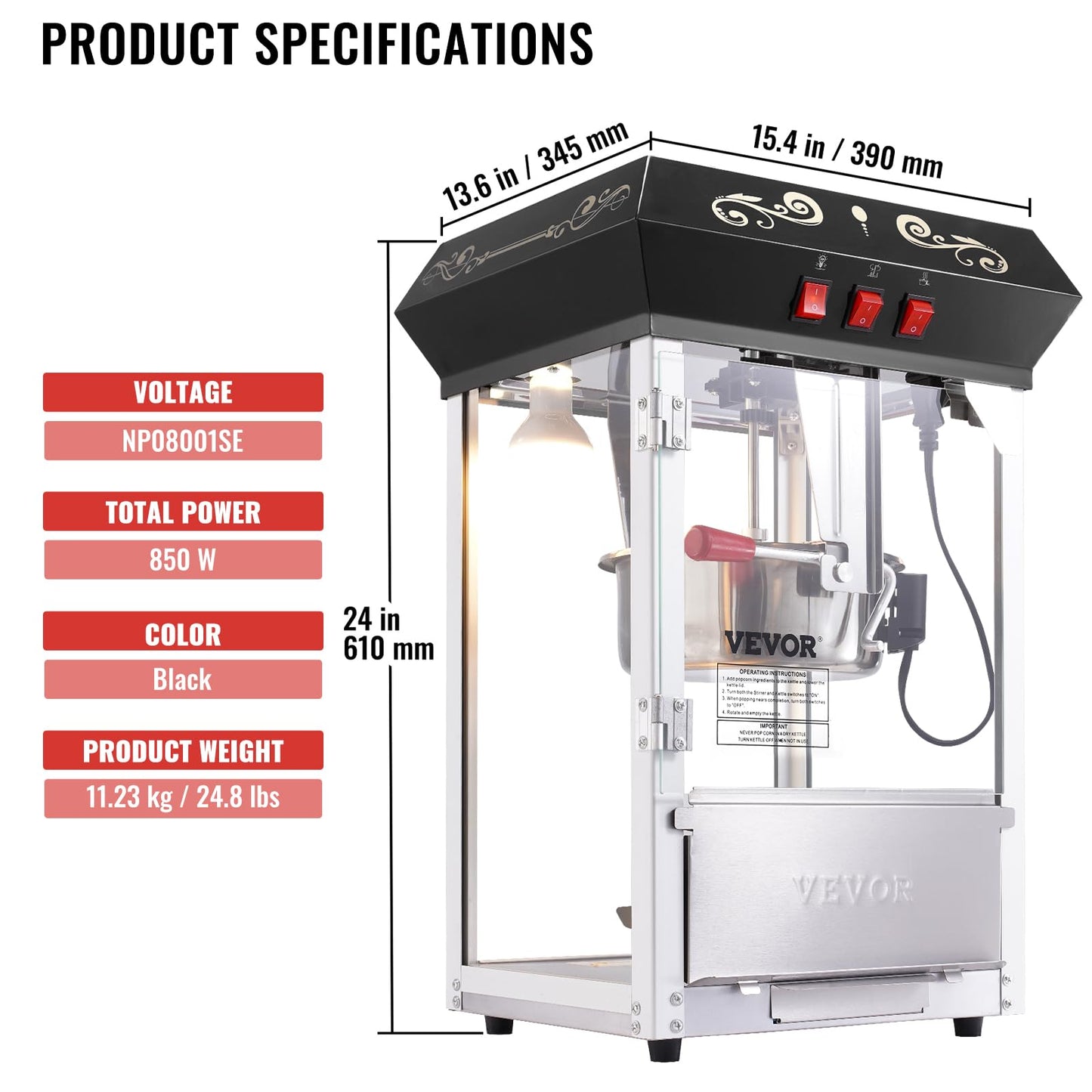 VEVOR Popcorn Maker, 850W Popcorn Popper Machine, 8 Oz Kettle Makes 48 Cups per Batch, Countertop Popcorn Maker with Tempered Glass, Includes 4 Scoops, Movie Theater Style, Black