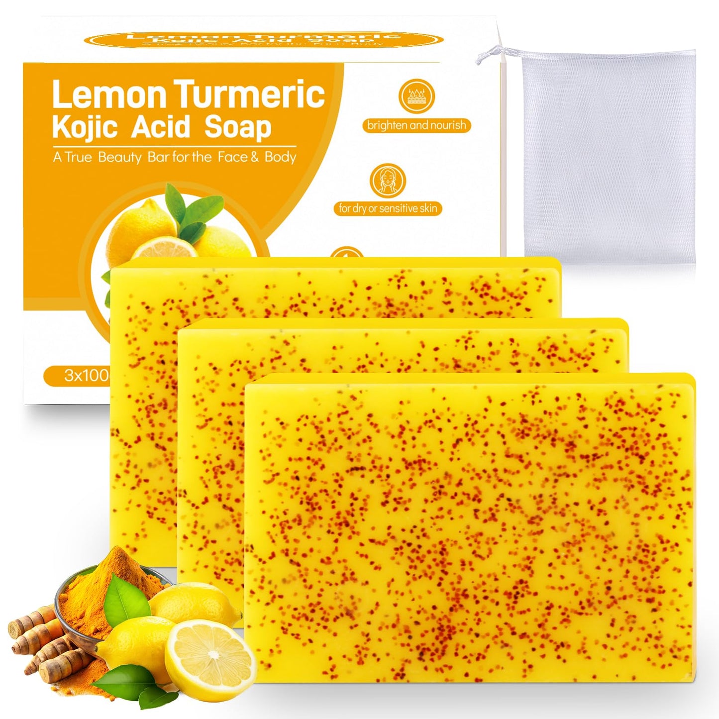 Hunxlio Lemon Kojic Acid Soap, Lemon Turmeric Bar with Vitamin C for Face, Body Hands, Turmeric Soap for Dry Sensitive Skin 3 Ba