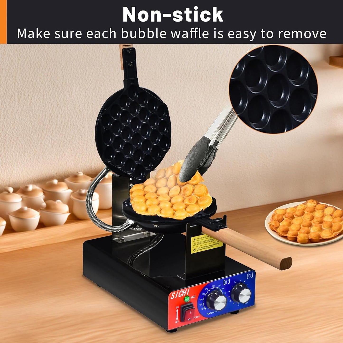 HTTSICHI Bubble Waffle Maker - Commercial Egg Waffle Maker w/Non-stick, Temperature and Timers, 1400W Hong Kong Egg Waffle Iron w/Rotating Baking Pan, Stainless Steel Bubble Waffle Machine Restaurants