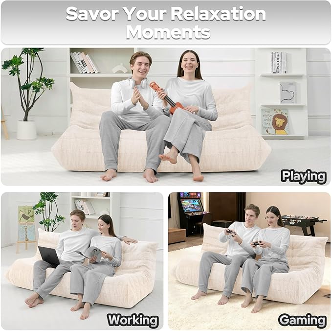 HABUTWAY Bean Bag Chairs Fireside Lazy Floor Sofa, Soft Teddy Fleece 3 Seater Sofa with High-Resilience Foam Filling，Beanbag for Living Room, Bedroom, Office (Beige Teddy)