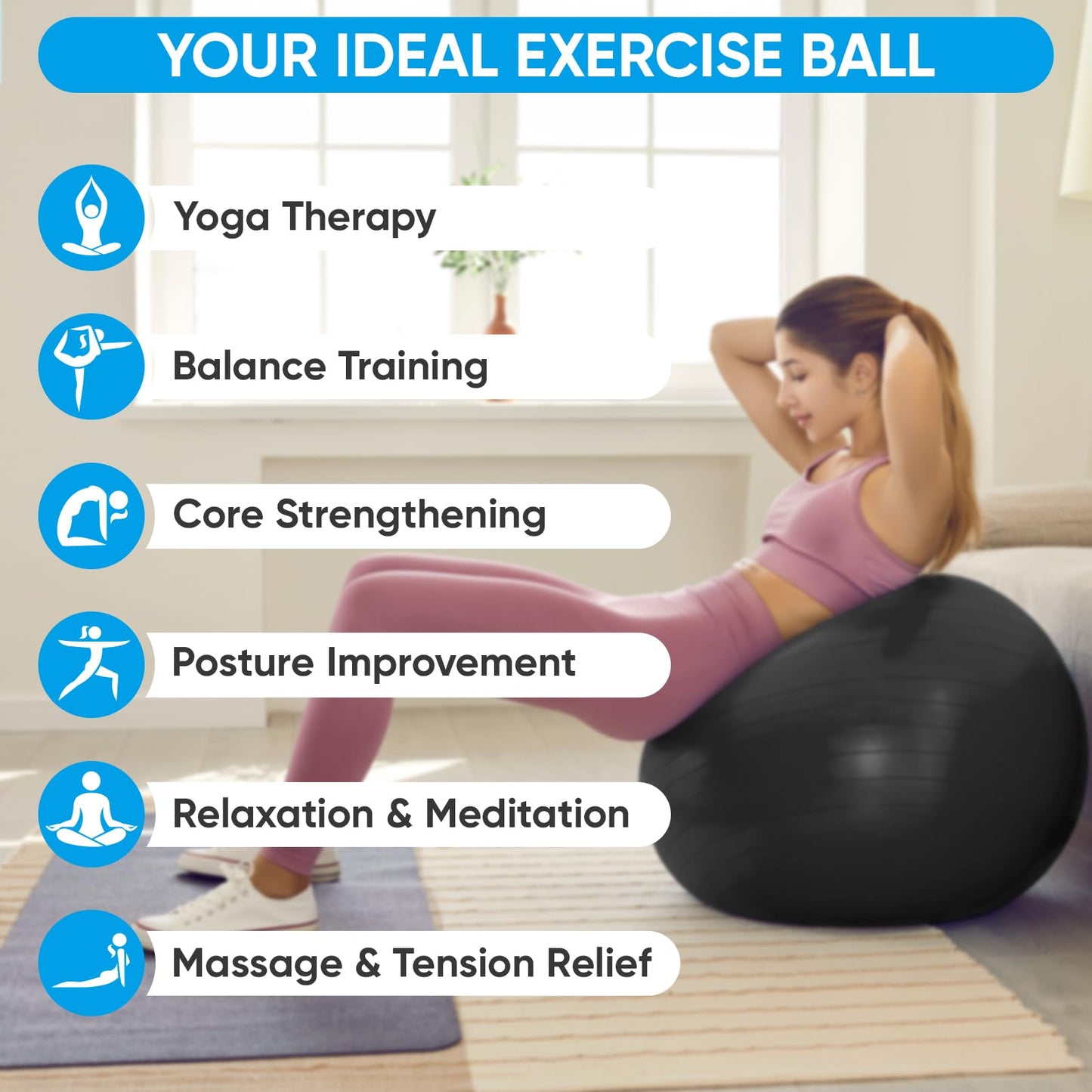 APEXUP Yoga Ball Exercise Ball, Anti Slip Stability Ball Chair, Heavy Duty Large Gym Ball for Fitness, Balance, Core Workout and Physical Therapy (XL (27"~30") 75cm, Black)