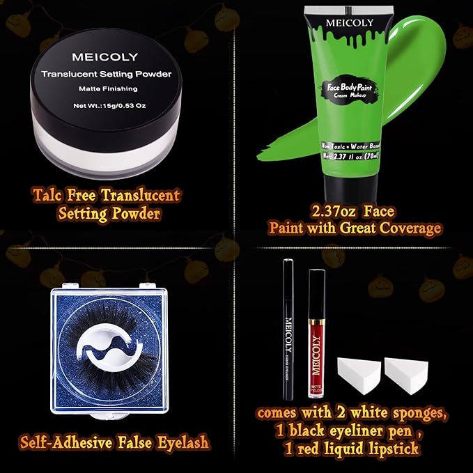 MEICOLY Green Face Paint Kit for Halloween Wicked Witch Elphaba Frankenstein Costume,Halloween Green Makeup Frankenstein,White Face Paint Stick,Setting Powder,Red Lipsticks,False Eyelash