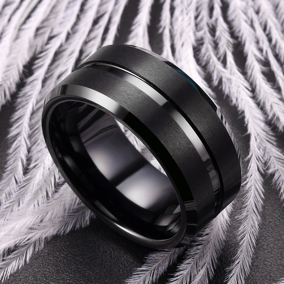 King Will Tungsten Carbide Wedding Band Ring for Men -10mm Men Rings in Black Grooved Center Wedding Band Suitable For Every Day