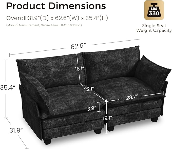 KKL Modular Sectional Sofa, Loveseat 2 Seater Cloud Couch, Chenille Modern Sectional Couches for Living Room, Apartment
