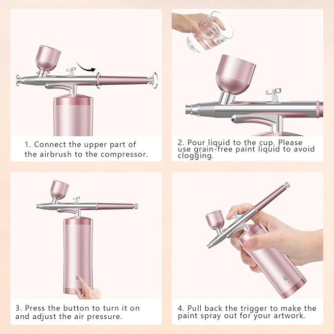 Airbrush Kit With Compressor 48PSI Rechargeable High Pressure Air Brush Set Cordless Airbrush Kit with 0.3mm Nozzle for Painting,Nail Art, Cake Decor,Makeup,Modeling (Pink)
