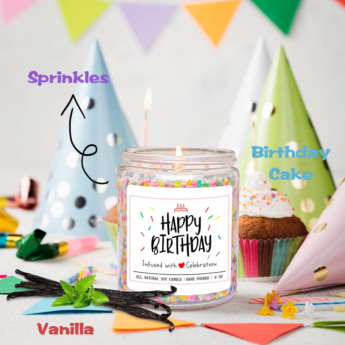 Homsolver Happy Birthday Gifts for Women Unique, Vanilla Cream Scent with Sprinkles Candy Birthday Candles for Her, 18th/20st/30th Birthday Handmade Aromatherapy Candle Decor