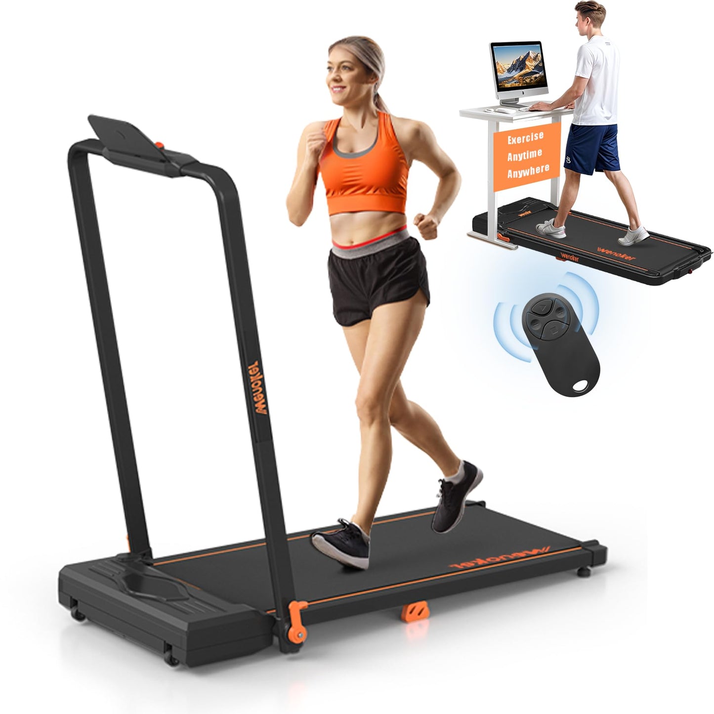 Walking Pad Treadmill, Wenoker Under Desk Treadmill with Handle Bar, Portable Foldable Walking Pad for Home/Office, 3 in 1 Folding Compact Desk Treadmill with Remote Control, Free Installation,300 Lbs