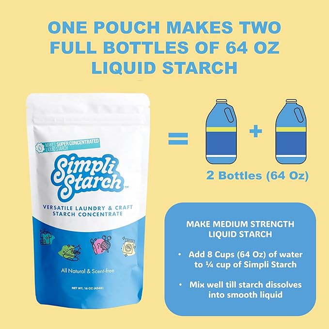 Simpli Starch® Dissolvable Starch Powder Mix. Makes Two Full 64 Oz Liquid Starch Cans. Perfect For Laundry and Ironing, Add Directly to Your Washer. Ideal for Arts and Crafts - 8oz (2)