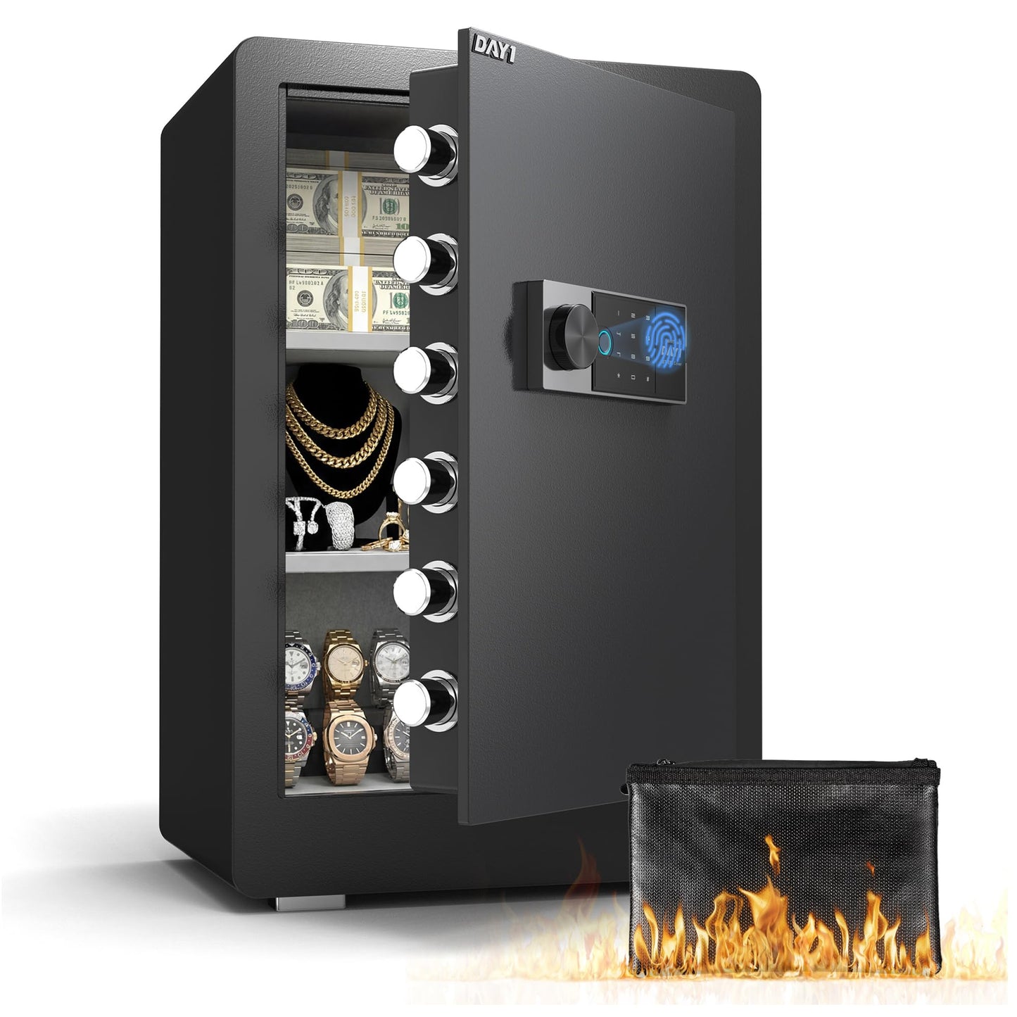 DAYI Biometric Fingerprint Safe Box, 3.0 Cubic Feet Home Safes with Fireproof Bag, Digital Touchpad Security Safe for Money Cash Documents, Dual Alarm System - 60 Plus+