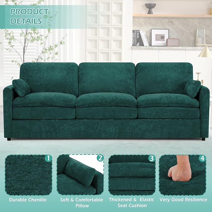 ACMEASE 89” Chenille Sofa w/Arm Pillows, Upholstered 3-Seater Sofa w/Comfortable Back Cushions, Modern 3 Seats Couch w/High-Density Foam for Living Room, Apartment, Office, Teal