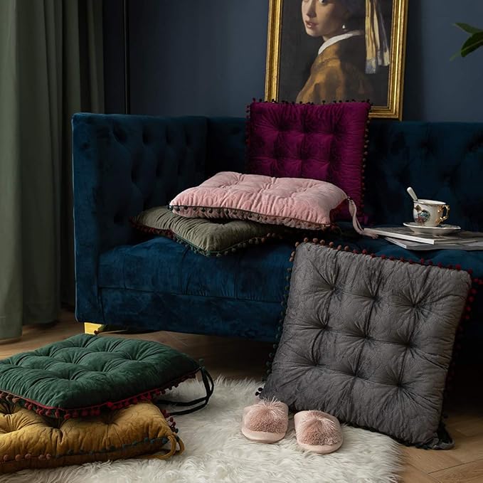 vctops Velvet Soft Square Chair Pad with Ties Cute Gradient Pom Pom Indoor Dining Chairs Cushion (Dark Green, 16" x 16")
