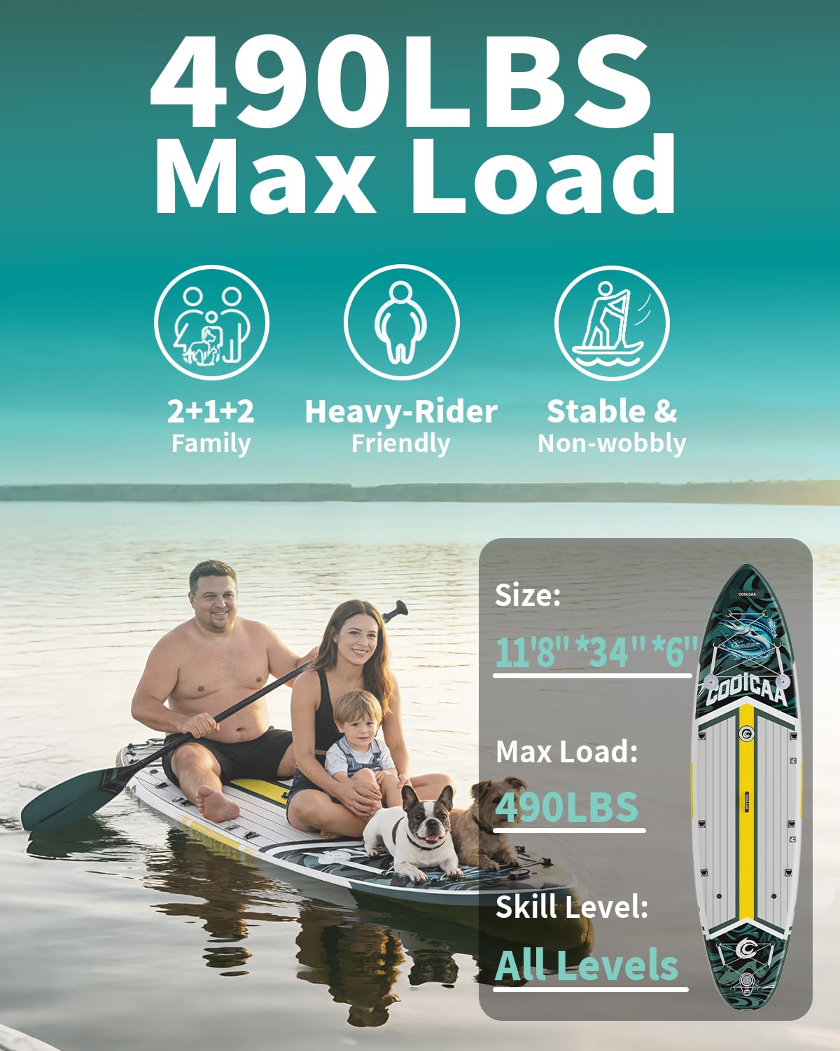 COOLCAA Dolphin 11'8" Inflatable Stand-Up Paddle Board, 490Lbs Capacity SUP Board with 34'' Extra Wide, Fishing Paddleboard with Accessories & Bag for Adults Youth (Sailfish Blade)