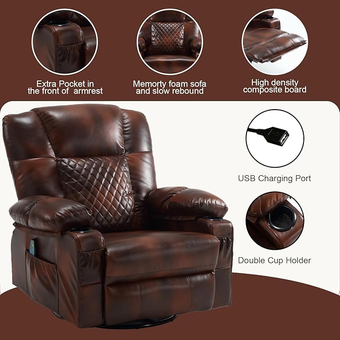 Comermax Massage Recliner Chair with Heat, 360° Swivel Rocker Recliner Chair with Cup Holders, 150° Recline PU Leather Recliner for Living Room, Brown