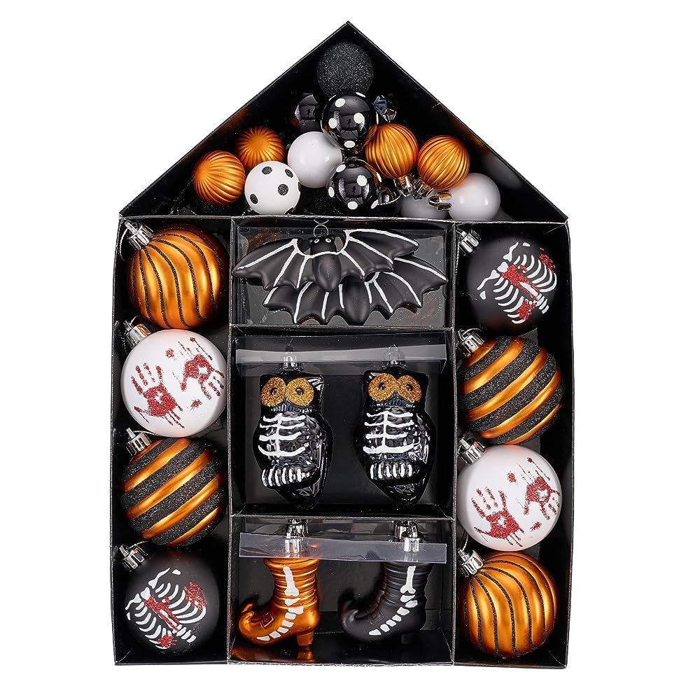 Valery Madelyn Halloween Ornaments Tree Decorations Indoor, 40ct Medium Variety Shatterproof Scary Skeletons Owl Bats Hanging Ball Ornaments Set for Small Tree, Spooky Holiday Party Home Decor