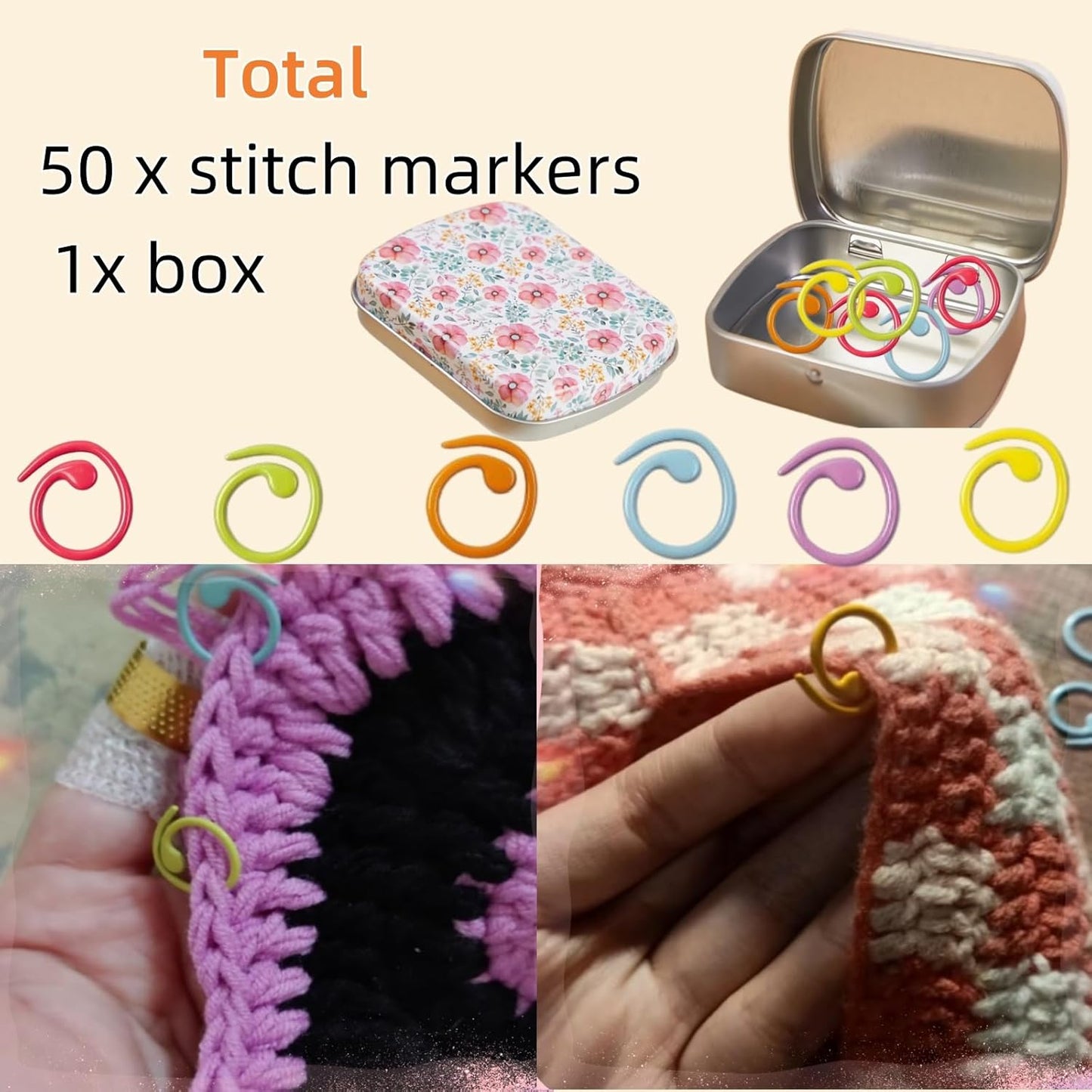 Round Shape Knitting Stitch Markers,50Pcs Multicolor Metal Stitch Markers with Floral Design Small Tin Box