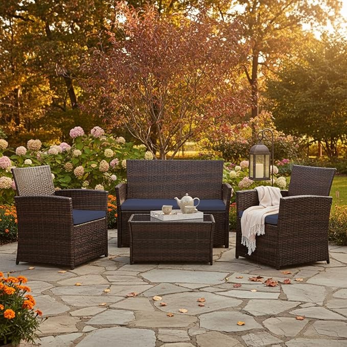 FHFO 4 Piece Outdoor Patio Furniture Sets, Patio Sectional Furniture Conversation Sofa Set, Rattan Table and Chairs and Loveseat with Cushions for Outside Balcony Porch Backyard (Brown-Blue)