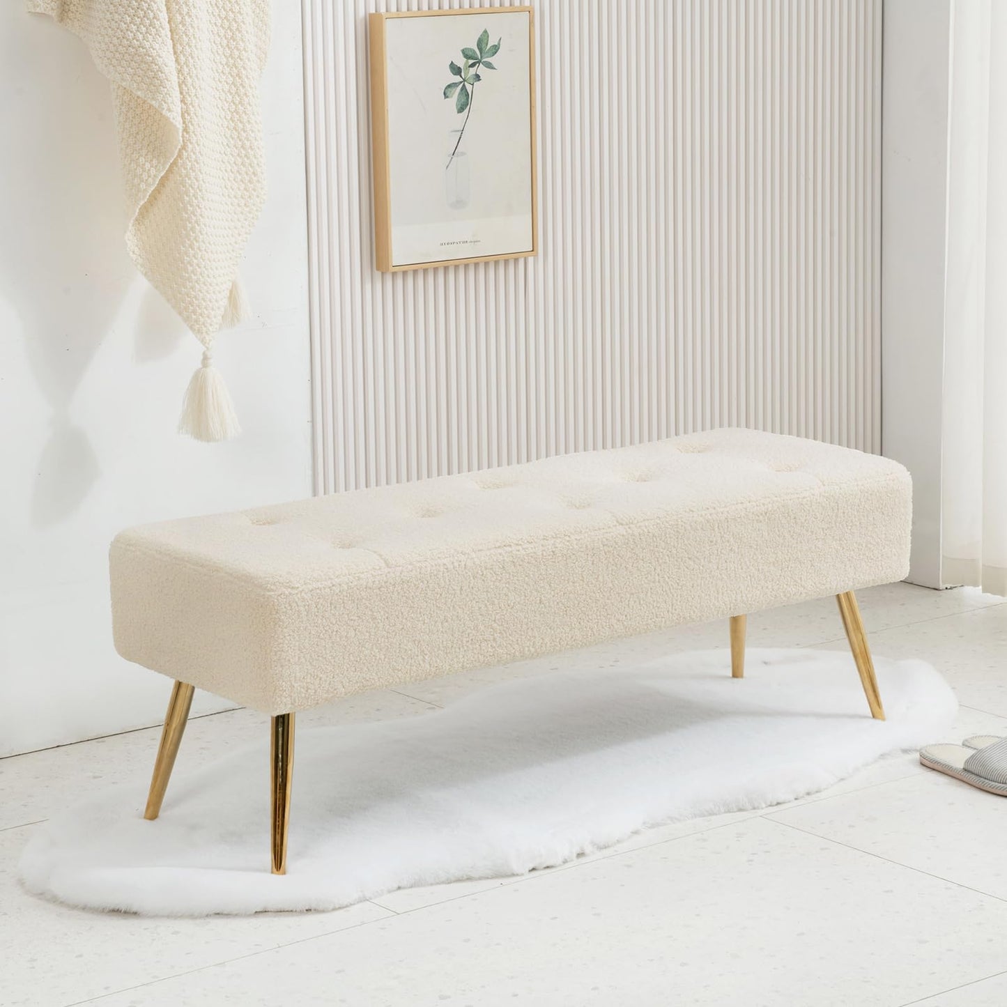Furnimart Faux Fur Boho Bench Ottoman Upholstered Tufted Bench with Padded Seat, Footrest Foot Stool with Sturdy Metal Leg, for Bedroom Living Room Entryway