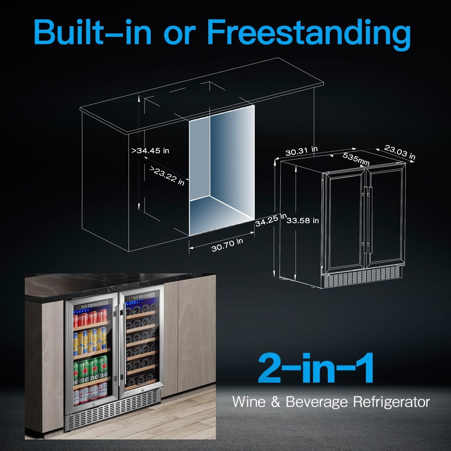AAOBOSI 30 Inch Dual Zone Wine and Beverage Cooler,28 Bottles & 110 Cans Wine Fridge,Built-in and Freestanding,Removable Fashion Wooden Frame,Intelligent Digital Temperatrue Control,Low Noise