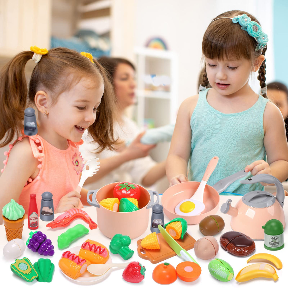 CUTE STONE Toy Kitchen Accessories Set, Play Food Sets for Kids Kitchen, Kids Cooking Sets with Play Pots and Pans, Utensils Cookware Toys, Toddler Kitchen Playset, Play Kitchen Toy for Girls Boys