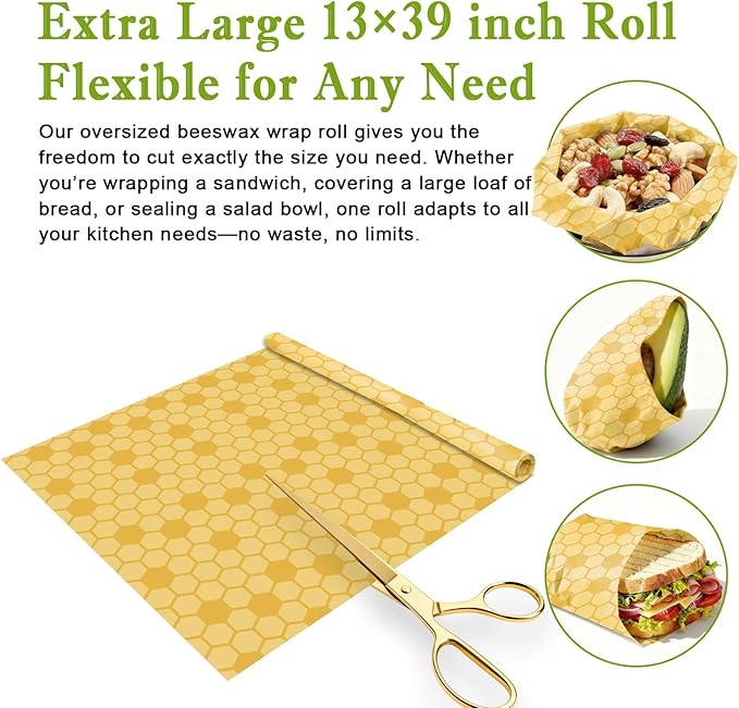 Reusable Beeswax Wraps For Foods, Cheese, Sandwich & Bread- 13 x 39'' Cut to Size - Eco-Friendly Food Storage Alternative to Plastic Wrap & Cheese Paper (Honeycomb Pattern001, 13x39'')