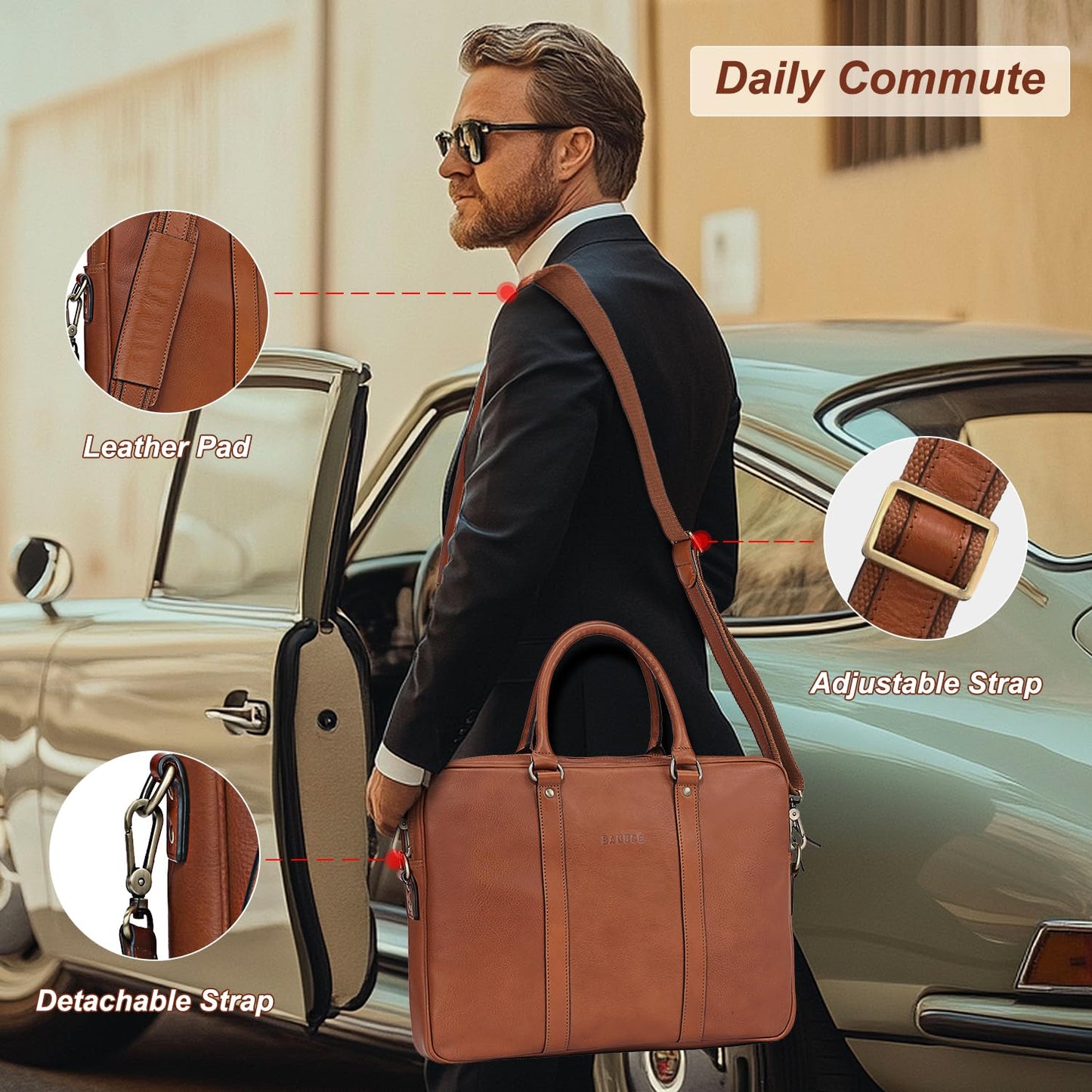 Banuce Premium Italian Full Grain Leather Briefcase for Men Fits 14 Inch Laptop for Business Travel Office Work with Detachable and Adjustable Shoulder Strap Brown
