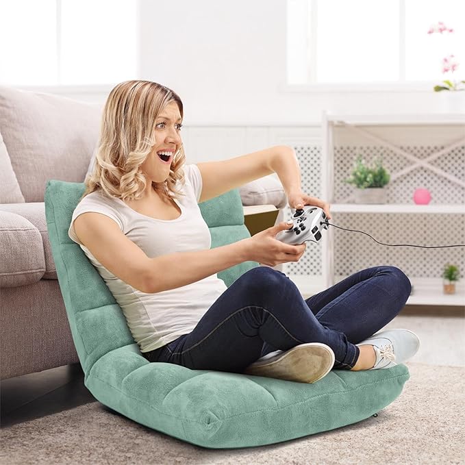 DREAMADE Folding Floor Chair w/Back Support, 14-Position Adjustable Lazy Sofa Chair w/Coral Velvet Fabric & Alloy Steel Frame, Portable Meditation Chair for Reading, Gaming,Sleeping (Green)