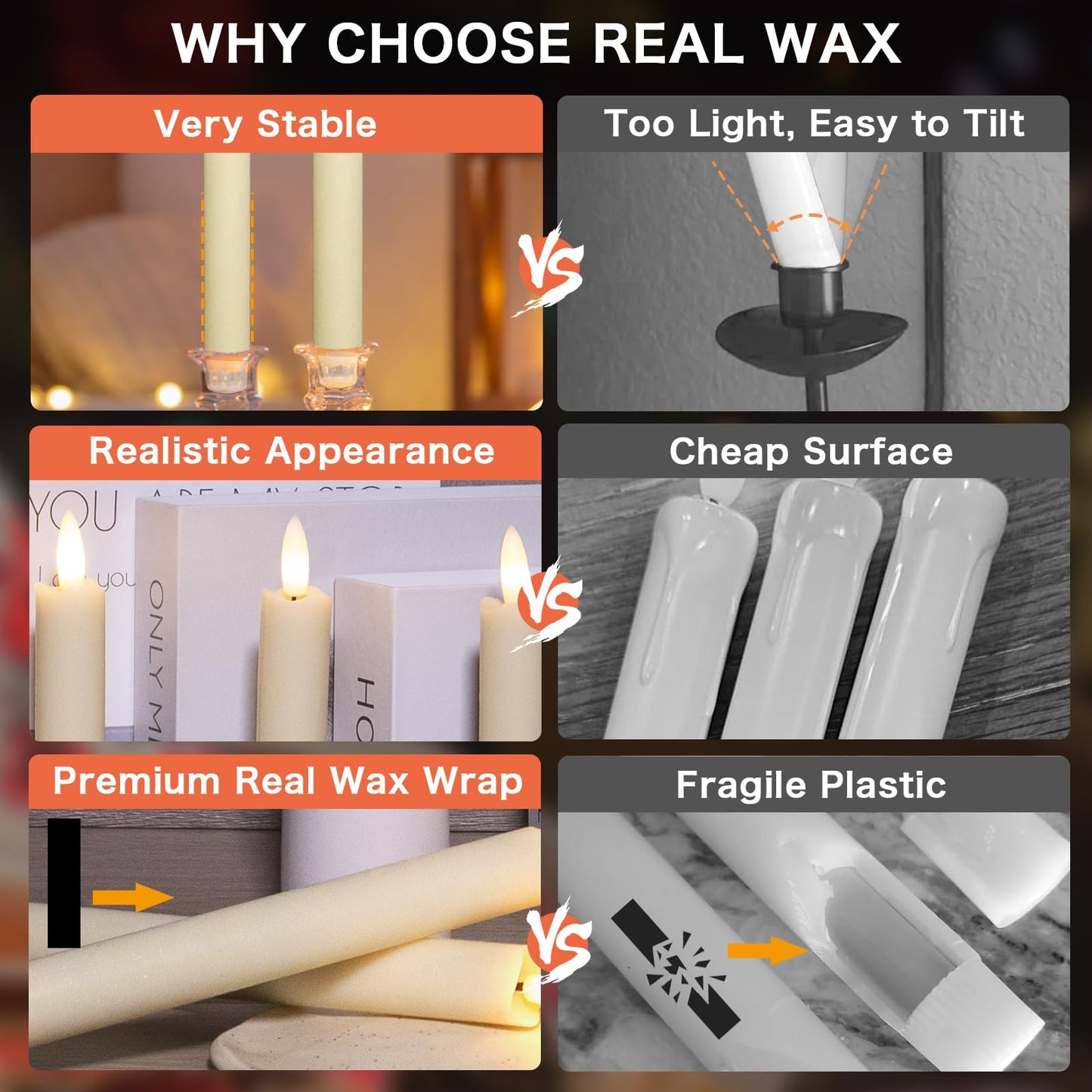 Upgraded Real Wax LED Flameless Taper Candles with Remote, KSWING 6 PCS Ivory Candlesticks Battery Operated 3D Flickering - 9.6" Long Realistic Fake Candle Sticks for Home/Wedding/Fireplace Xmas Decor
