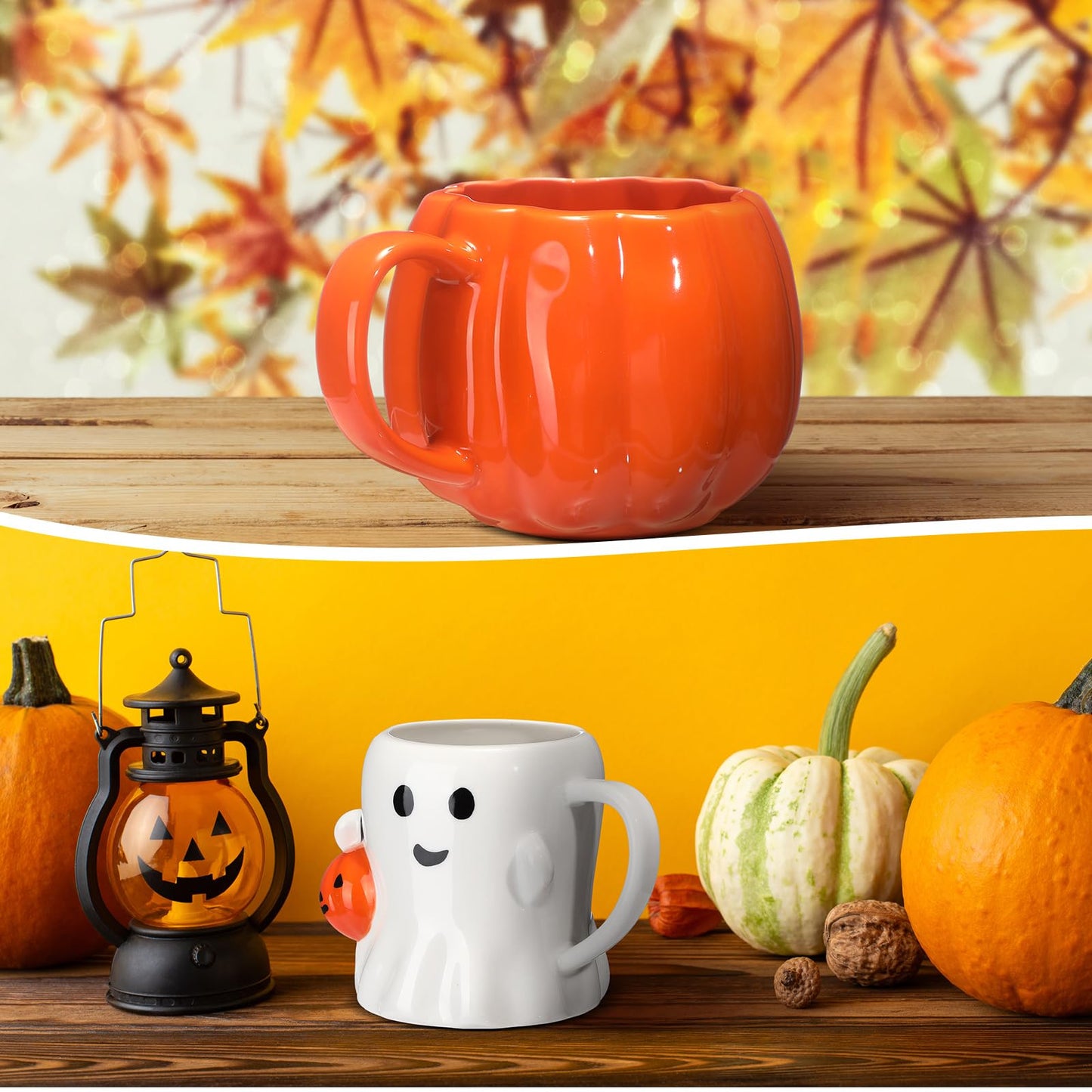 LemonRoad 2 Pcs Mug 14 oz Novelty 3D Cute Ceramic Coffee Cup Happy Pattern Mugs Gifts for Milk Tea Coffee Lover(Ghost Pumpkin)