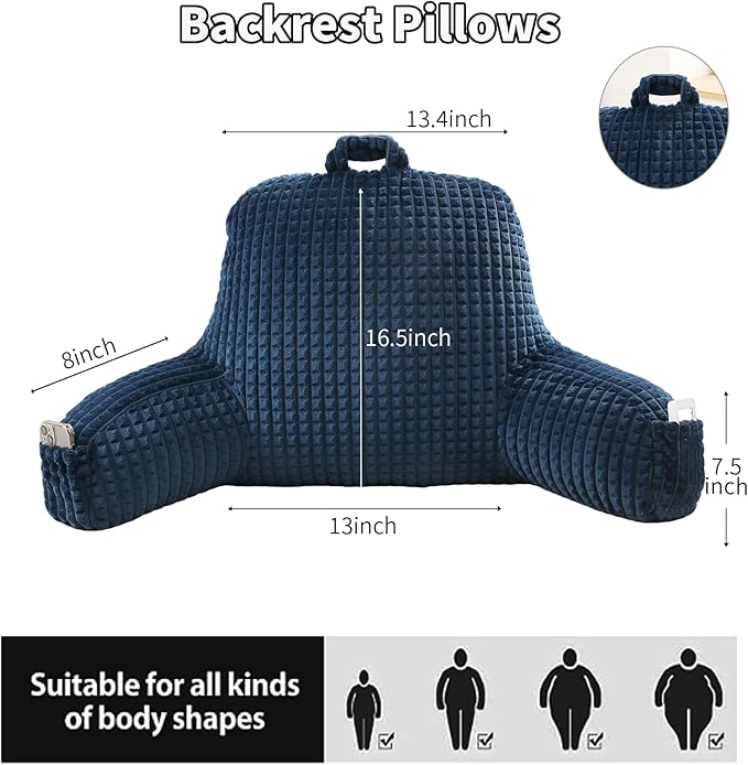 PAJEO Reading Pillow for Sitting in Bed, Large Backrest Reading Pillow with Arm Rest,Back-Rest Support Cushion for Sit Up on Couch, Sofa, and Floor (Dark Blue Flannel, Standard(17inch))