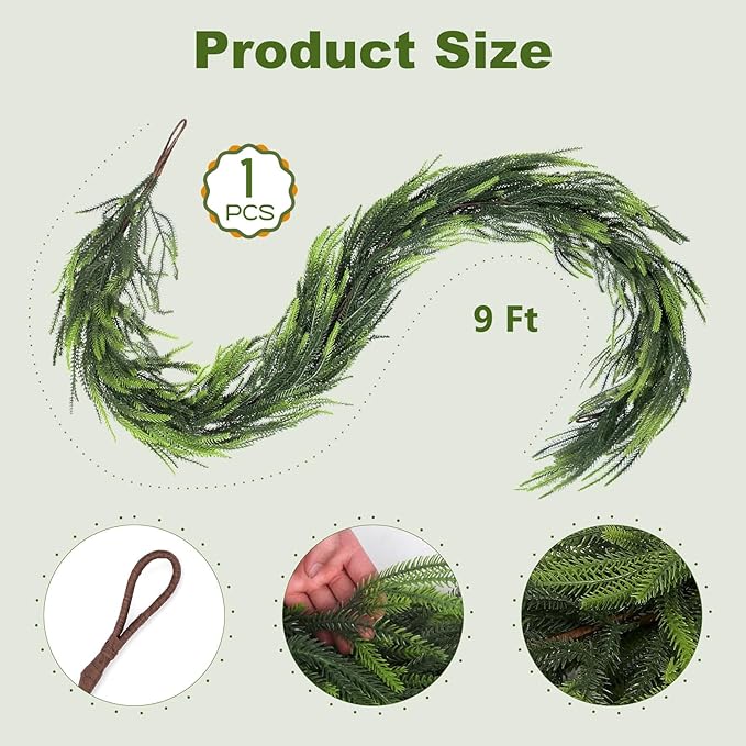 1 Pcs 9 Ft Artificial Norfolk Pine Garland, Realistic Real Touch Winter Christmas Greenery Garland for Mantle, Fireplace, Table, Wall, Outdoor, Indoor Christmas Decorations