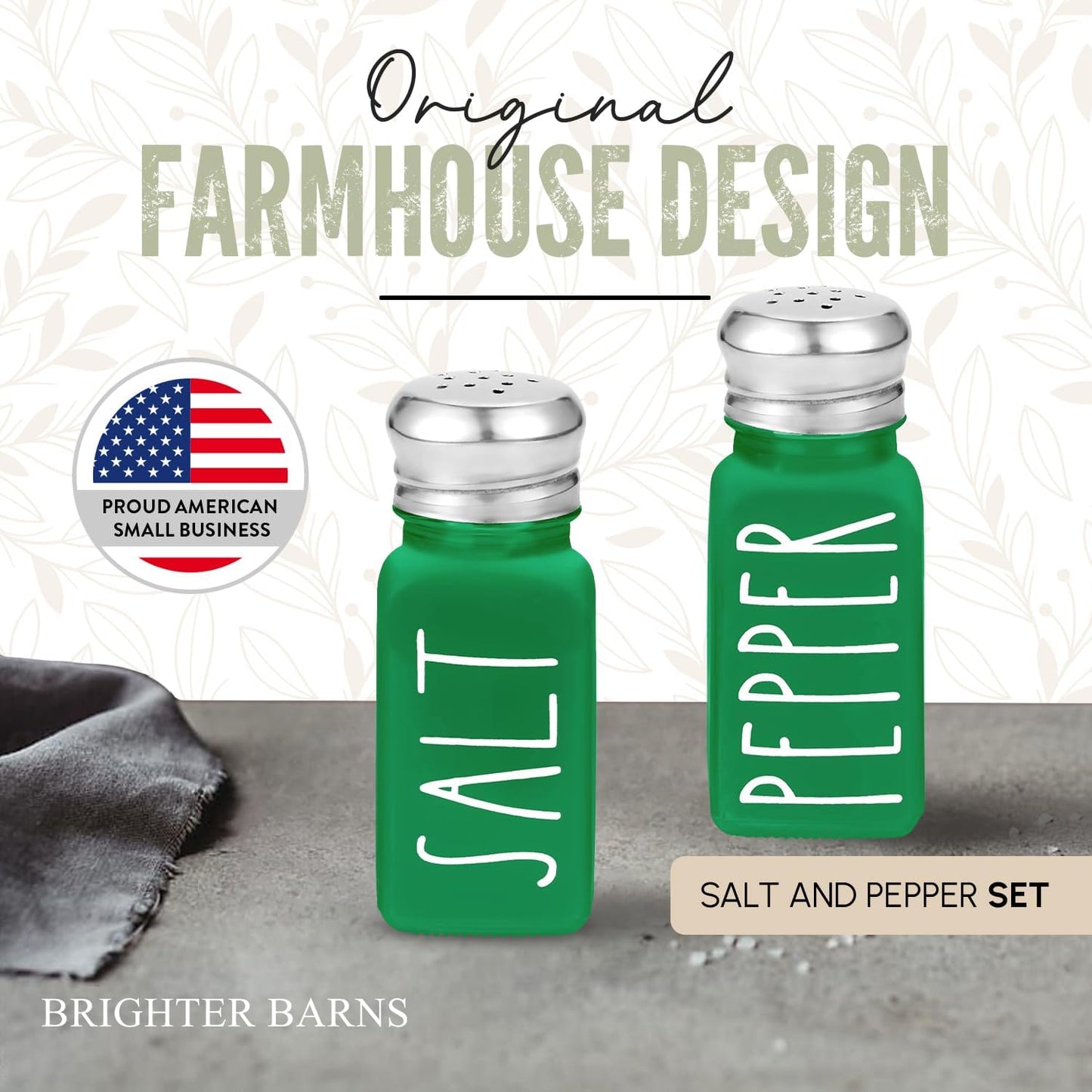 Green Salt and Pepper Shakers Set by Brighter Barns - Modern Farmhouse Kitchen Decor for Home, Restaurants, Airbnb - Cute Kitchen Decor and Accessories - Glass Shakers & Stainless Steel Lids (Green)