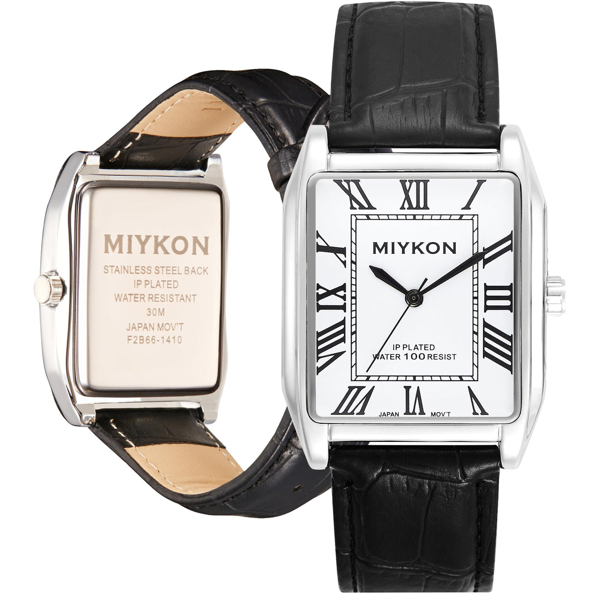 Miykon Vintage Watches for Men - Tank Square Silver Analog Watch with Black Genuine Leather Wrist Strap for Classic Dress - Ion Polished, Scratch Resistant Glass, Japanese Quartz, Waterproof to 100ft
