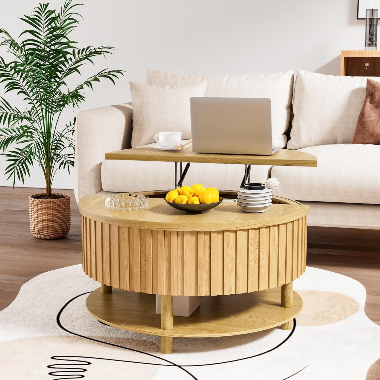 Limaoaio Round Lift Top Coffee Table with Storage, 31.5'' Modern 2-Tier Coffee Table with Hidden Storage Compartment and Open Shelf, Fluted Center Table for Living Room Home Office (Wood Color)