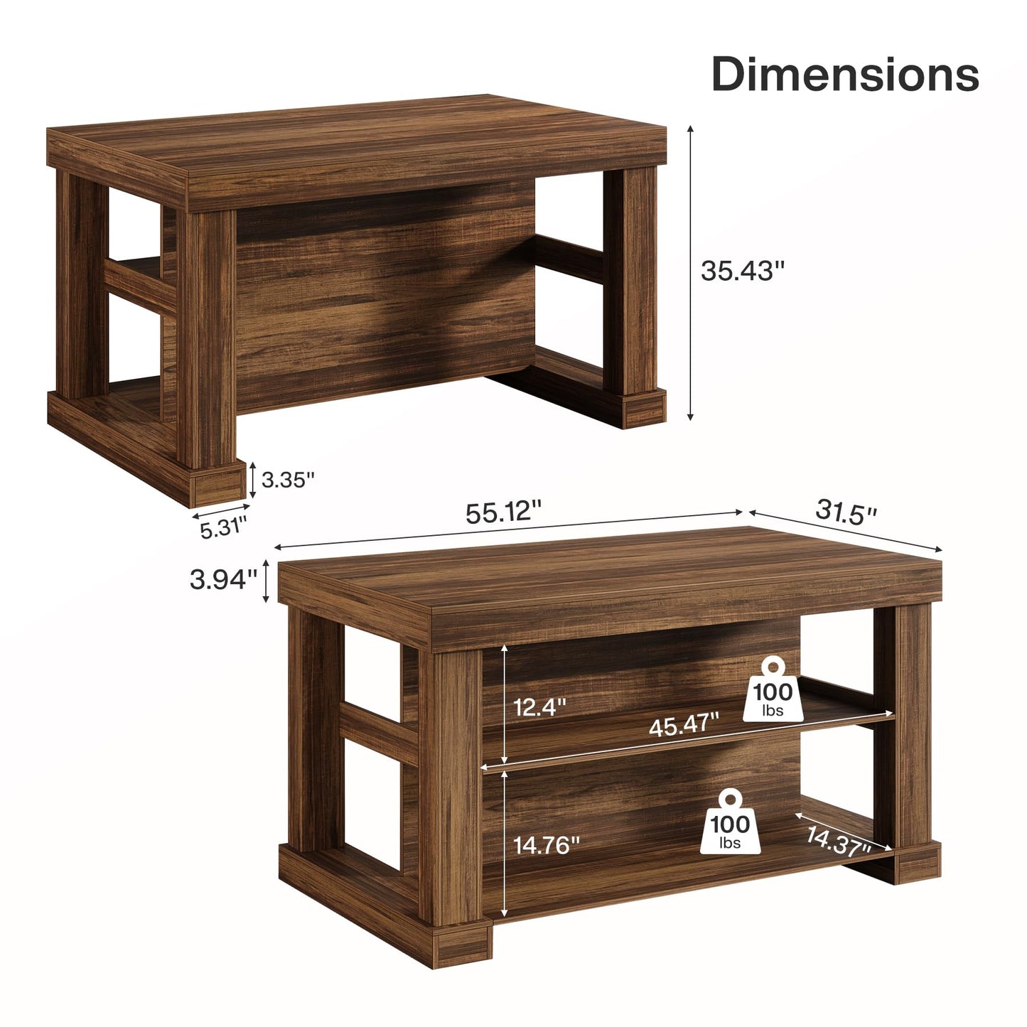 Tribesigns Kitchen Island with Storage, 55-Inch Farmhouse Stationary Island Table with Large Countertop, 3-Tier Wooden Center Bar Table for Kitchen, Dining Room, Dark Brown