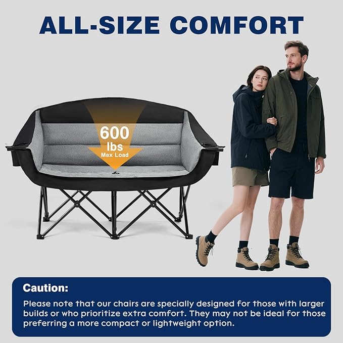 apollo walker Oversized Double Camping Chair for 2 Person - Extra Wide & Heavy Duty 600lbs Camp Couch with Dual Cup Holder & Carry Bag, Camping Loveseat for Outdoor, Lawn, Beach, Park