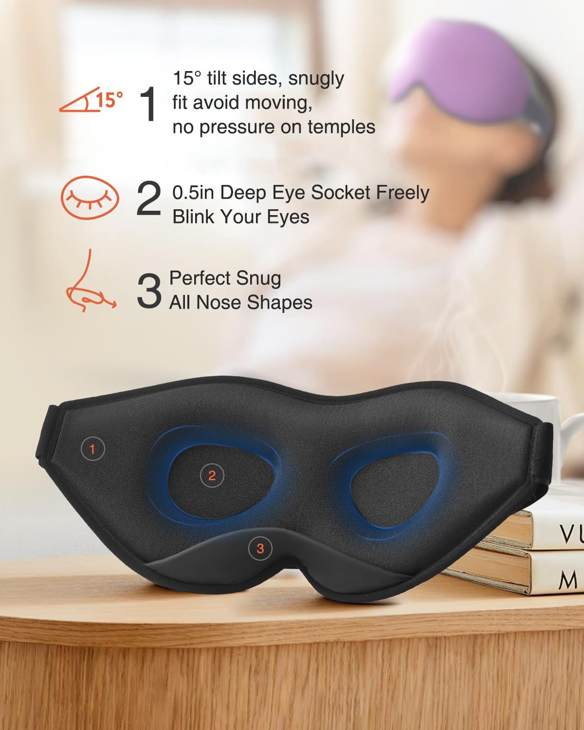 MABAO Sleep Mask for Side Sleeper, Eye Mask for Sleeping Women Men, 3D Contoured Cup No Eye Pressure 100% Light Blocking Sleeping Mask with Adjustable Strap Night Blindfold Flight, Travel, Nap, Purple