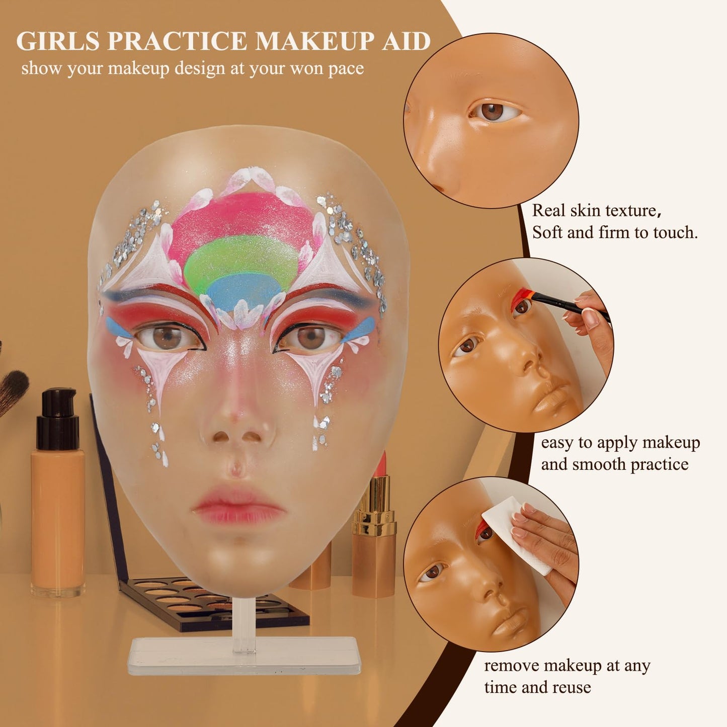 Brown Makeup Practice Board - Face Painting Set with 1 Face, 2 Makeup Brushes for Stage, Halloween & Beginners